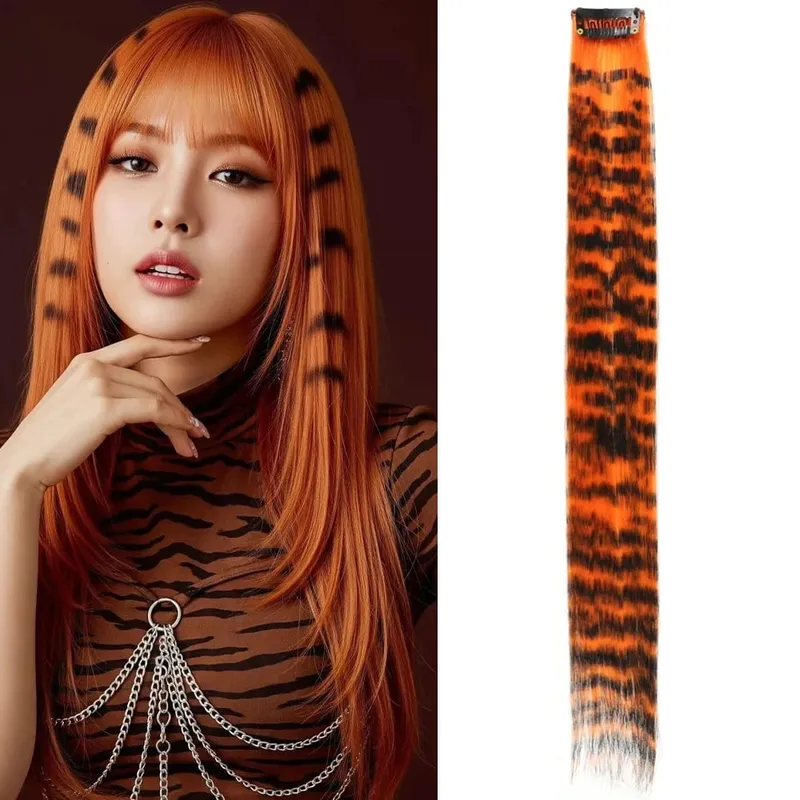 1pc/2pcs/3pcs/4pcs/6pcs/8pcs18" Long Straight Zebra Print Synthetic Feather clip in Hair Extensions Ideal Halloween Christmas