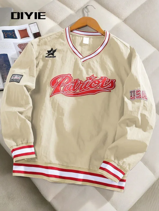 Men's Fashion Sweatshirt, V-Neck Embroidered Sweatshirt, Y2K Style Sweatshirt, Preppy Style Sports Sweatshirt, Comfortable