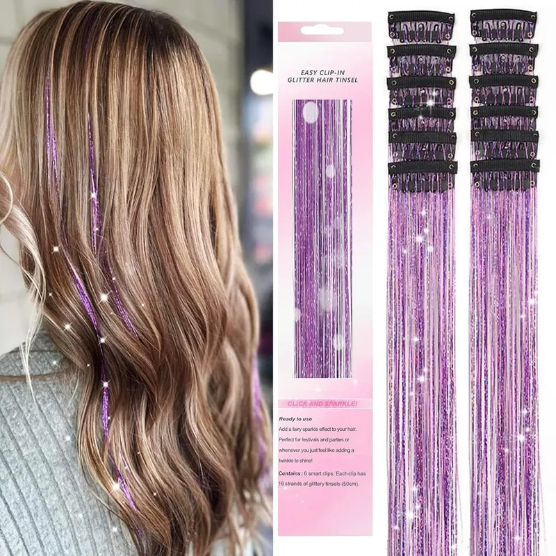 Synthetic 12Pcs Hair Tinsel Clip In Glitter TinselStraight Hair Extensions Tinsel Kit Shiny Hair Accessories For Women