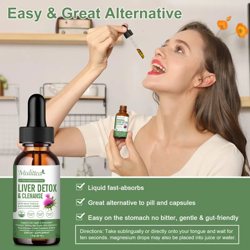 Mulittea Liver Health Drops with Milk Thistle & Artichoke -60ml Herbal Blend with Silymarin Dandelion Turmeric & Berberine for Liver Cleanse Detox Repair & Daily Support