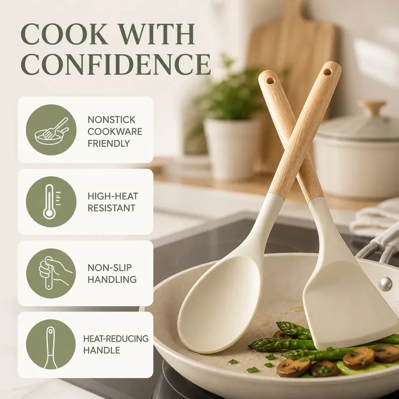 12PCS Silicone Kitchen Utensils Set with Holder - Nonstick Heat Resistant Wooden Handle Cooking Gadgets Set with Spatula Whisk Tongs & Spoon for Home Essentials