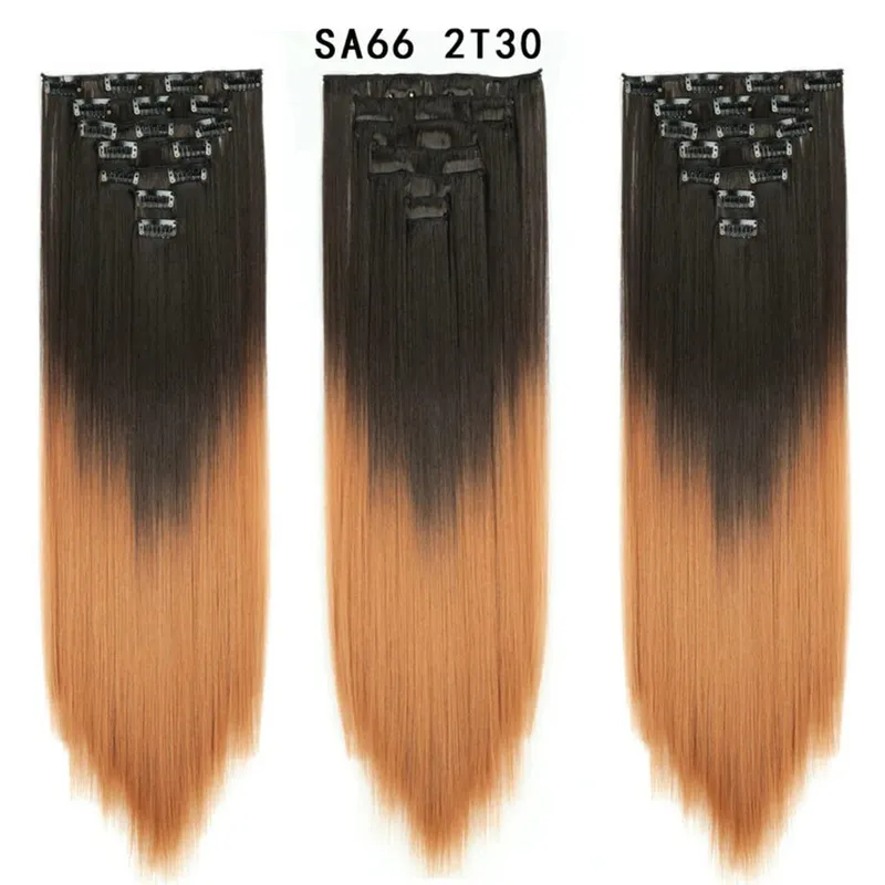 22Inch Synthetic Long Straight Clip In Hair Extensions 16 Clips For Women Fake False Hair Pieces Ombre Black Blonde Styling Hair