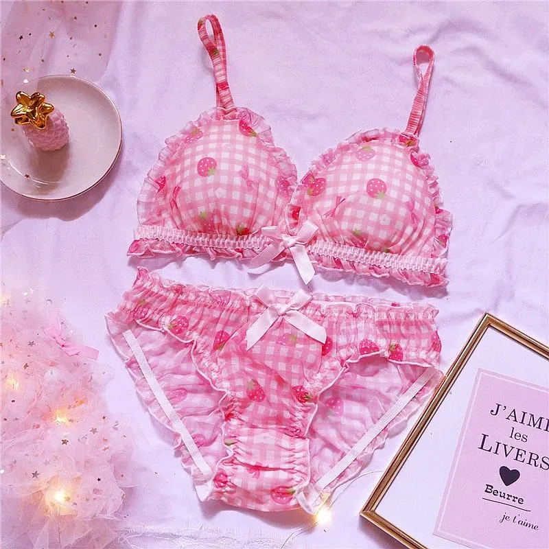 Leuke Japanse bh's slips ondergoed set Lolita meisje roze geruite bloem mesh sexy aardbei print bh & slipje lingerie set