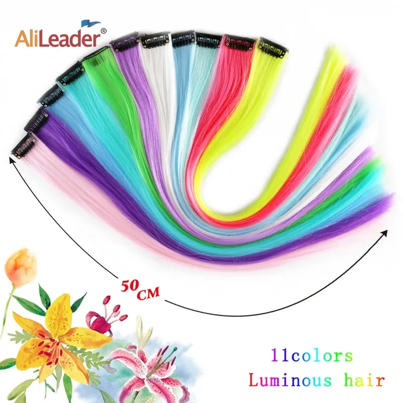 Synthetic Clip-On Hair Extension 20Inch 11Colors Glowing Clip-In One Piece Shines Fluorescent Fake Hairpiece For Women — image 3