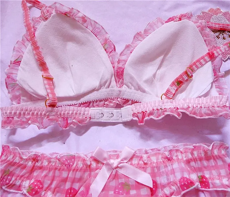 Leuke Japanse bh's slips ondergoed set Lolita meisje roze geruite bloem mesh sexy aardbei print bh & slipje lingerie set — image 4