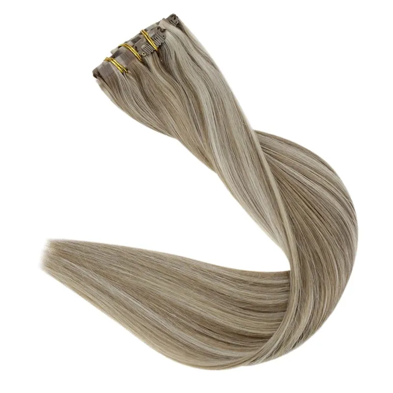 Full Shine Seamless Invisible Clip In Extensions Human Hair 8 τμχ 120g Remy Balayage Ξανθό Χρώμα