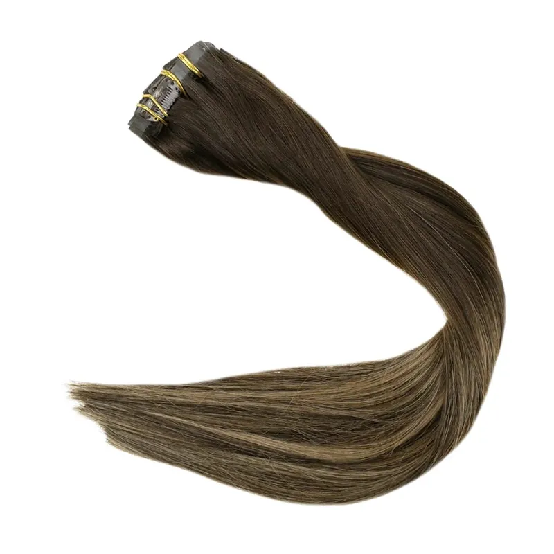 Full Shine Seamless Invisible Clip In Extensions Human Hair 8 τμχ 120g Remy Balayage Ξανθό Χρώμα