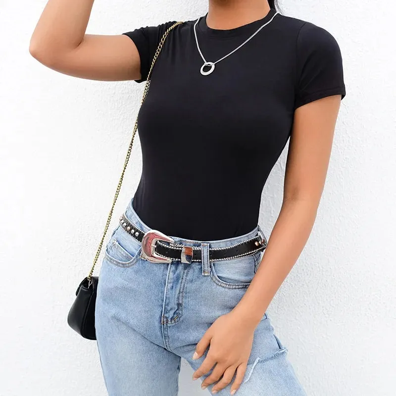 Casual básico preto branco bodysuit feminino verão manga curta mulher corpo superior algodão bodycon macacão senhoras 2020