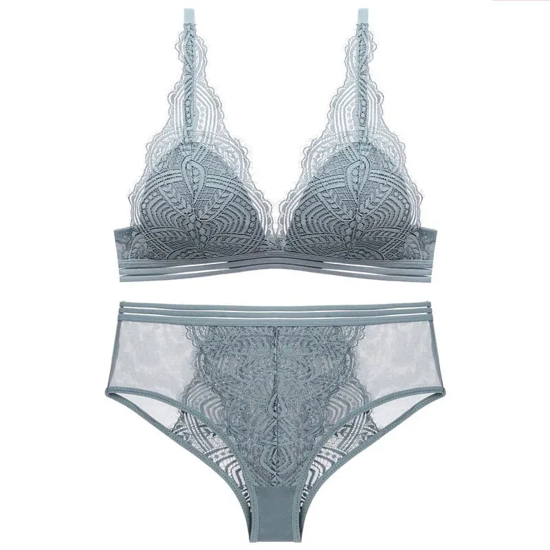 Conjunto de sutiã e calcinha triangular de renda sem fio, forro fino, roupa íntima feminina sexy, lingerie francesa, sutiã bralette