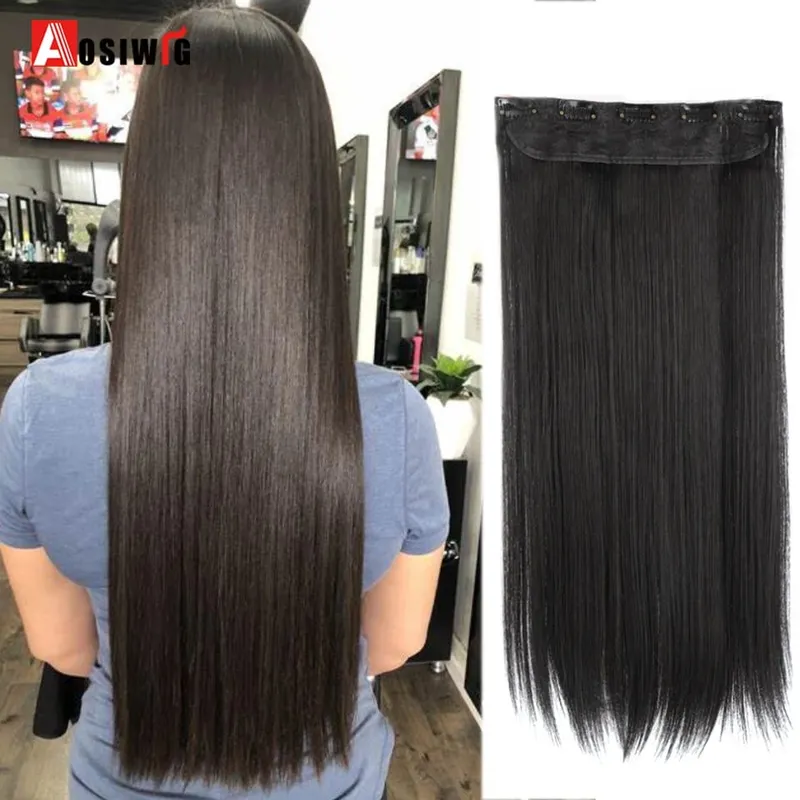 Extensiones de cabello sintético para mujer, postizos falsos naturales, largos y rectos, Color negro y marrón, alta temperatura, 5 clips