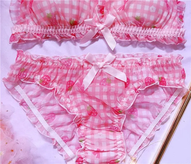Leuke Japanse bh's slips ondergoed set Lolita meisje roze geruite bloem mesh sexy aardbei print bh & slipje lingerie set — image 3