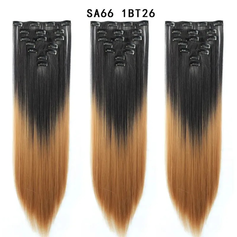 22Inch Synthetic Long Straight Clip In Hair Extensions 16 Clips For Women Fake False Hair Pieces Ombre Black Blonde Styling Hair
