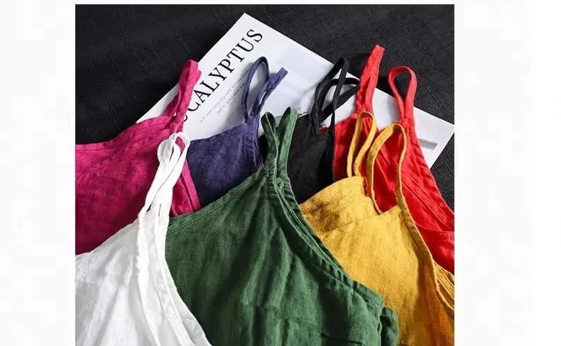Women's Summer Top Cotton Linen Spaghetti Strap Top Women Halter V Neck Basic Yellow Sleeveless Tank Tops Loose Casual Camis — image 8