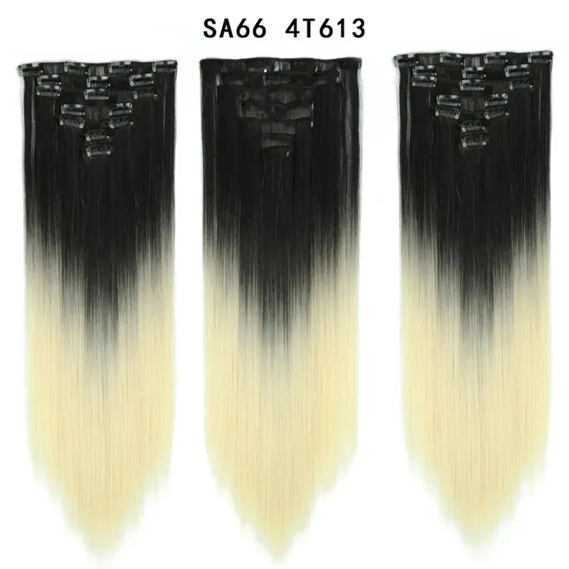 22Inch Synthetic Long Straight Clip In Hair Extensions 16 Clips For Women Fake False Hair Pieces Ombre Black Blonde Styling Hair