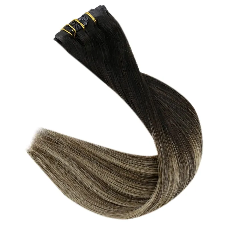 Full Shine Seamless Invisible Clip In Extensions Human Hair 8 τμχ 120g Remy Balayage Ξανθό Χρώμα