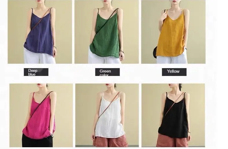 Women's Summer Top Cotton Linen Spaghetti Strap Top Women Halter V Neck Basic Yellow Sleeveless Tank Tops Loose Casual Camis — image 7