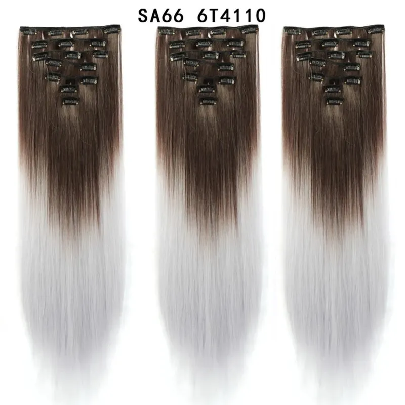 22Inch Synthetic Long Straight Clip In Hair Extensions 16 Clips For Women Fake False Hair Pieces Ombre Black Blonde Styling Hair