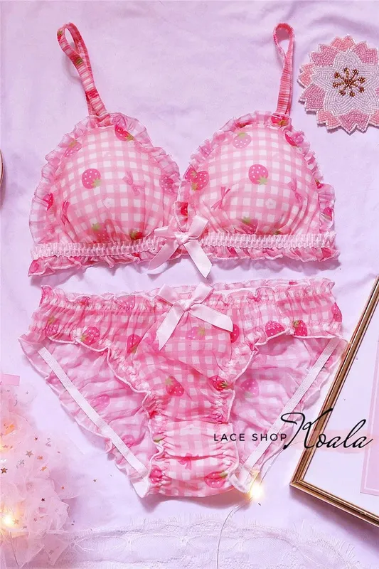 Leuke Japanse bh's slips ondergoed set Lolita meisje roze geruite bloem mesh sexy aardbei print bh & slipje lingerie set — image 6