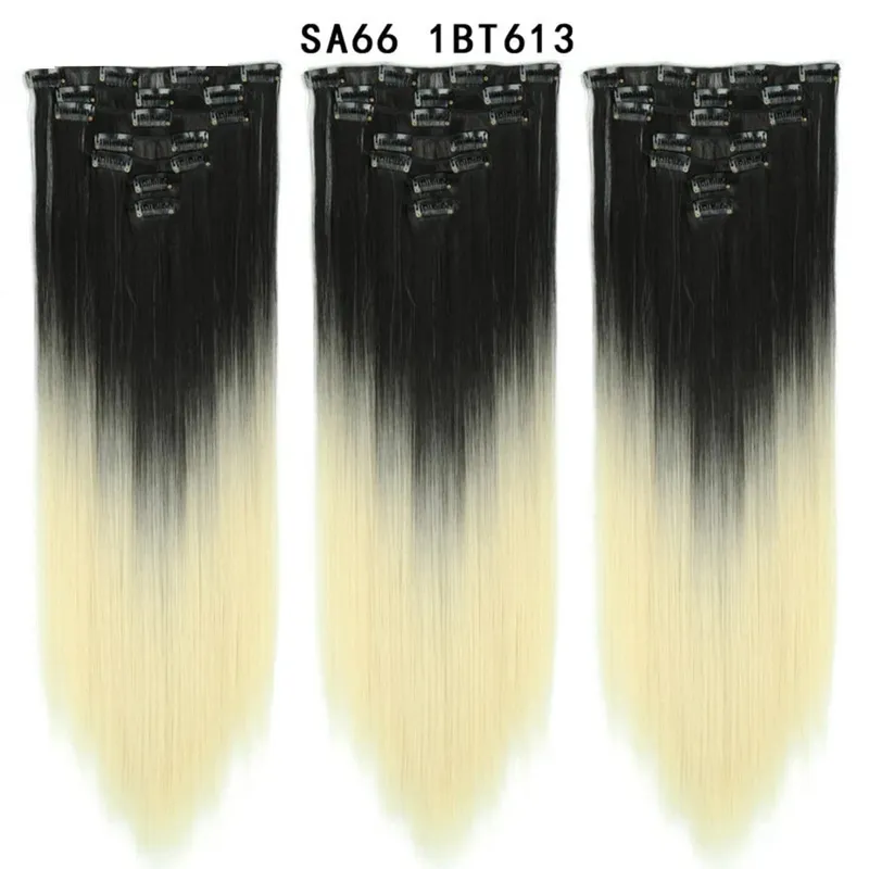 22Inch Synthetic Long Straight Clip In Hair Extensions 16 Clips For Women Fake False Hair Pieces Ombre Black Blonde Styling Hair