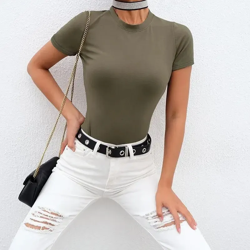 Casual básico preto branco bodysuit feminino verão manga curta mulher corpo superior algodão bodycon macacão senhoras 2020