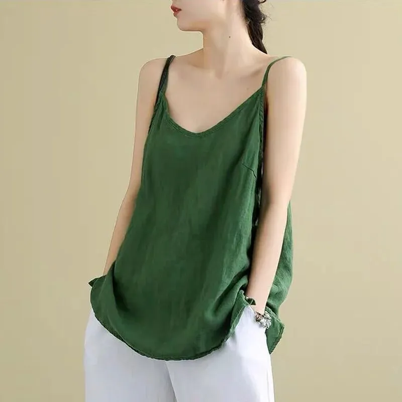 Women's Summer Top Cotton Linen Spaghetti Strap Top Women Halter V Neck Basic Yellow Sleeveless Tank Tops Loose Casual Camis — image 6