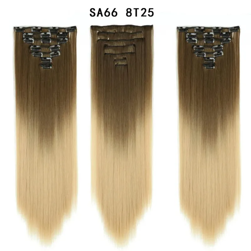 22Inch Synthetic Long Straight Clip In Hair Extensions 16 Clips For Women Fake False Hair Pieces Ombre Black Blonde Styling Hair
