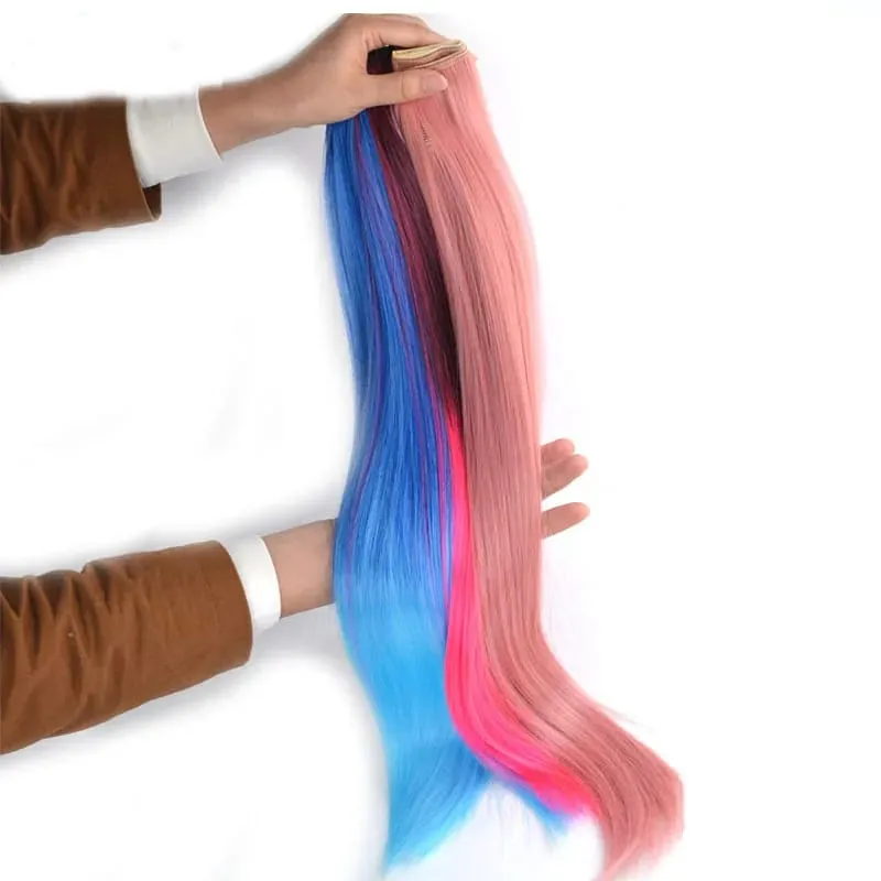 Jeedou Rainbow Hairpieces Clip In Hair Extension Ombre Color One Piece With 5Clips Straight Hair Wig For Girls Halloween Cosplay — image 5