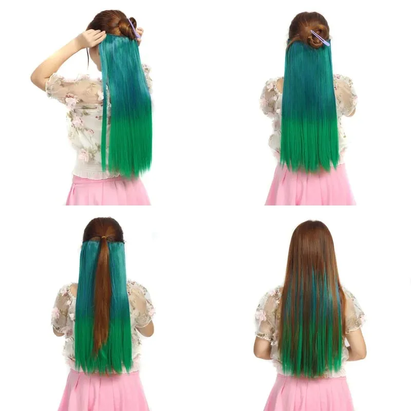 Jeedou One Piece 5 Clips Wavy Ombre Clip In Hair Extensions Long Water Wave Synthetic Curly Hair Piece Rainbow Colored Hair