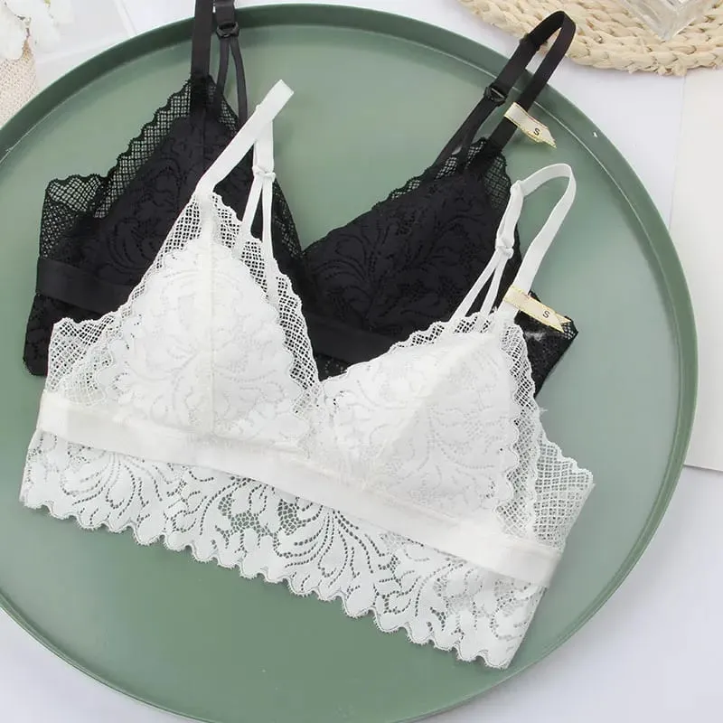 Set pakaian dalam wanita nyaman cup katun nirkabel renda penuh Bralette segitiga cup lembut dan pakaian dalam bra celana dalam transparan
