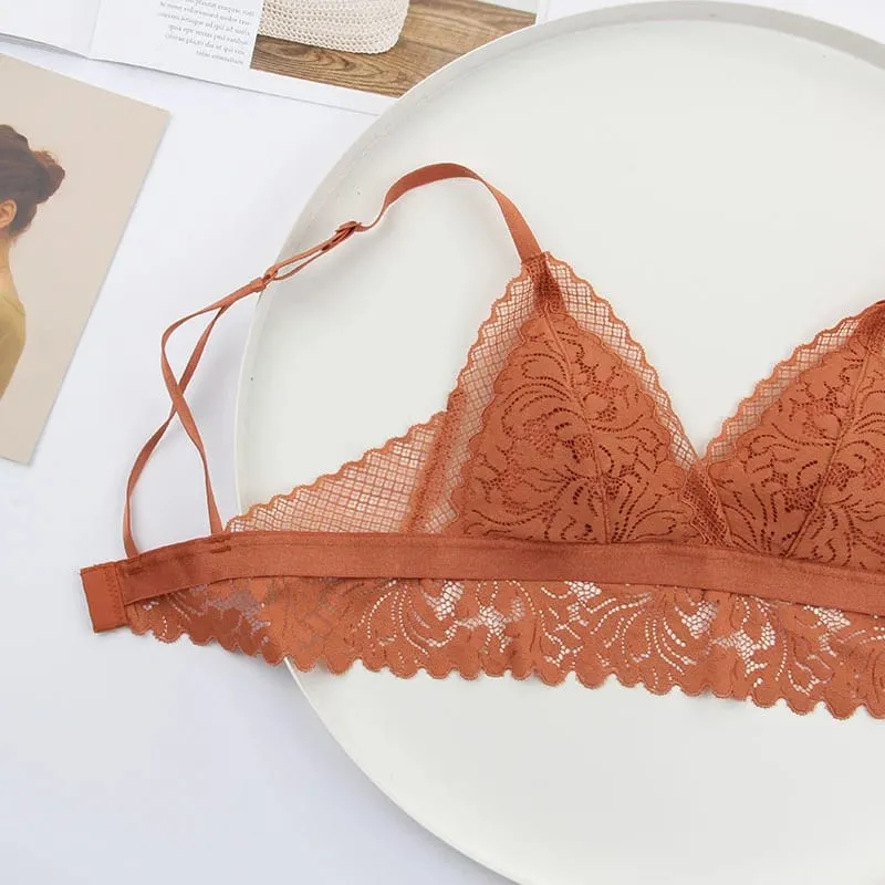 Set pakaian dalam wanita nyaman cup katun nirkabel renda penuh Bralette segitiga cup lembut dan pakaian dalam bra celana dalam transparan