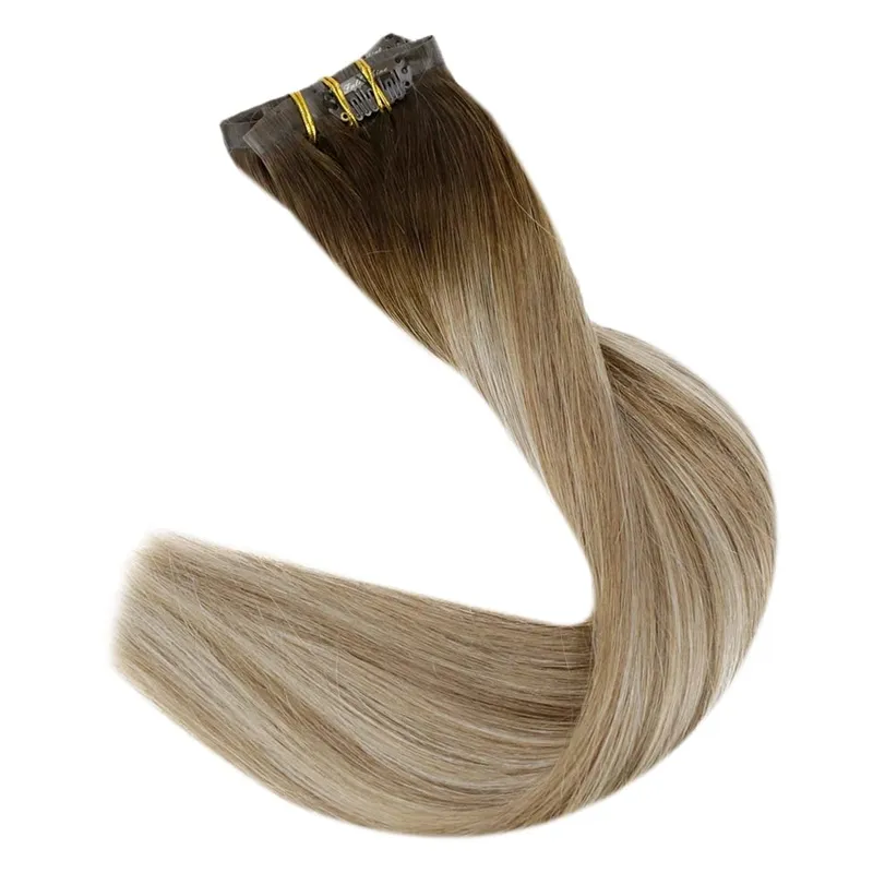 Full Shine Seamless Invisible Clip In Extensions Human Hair 8 τμχ 120g Remy Balayage Ξανθό Χρώμα