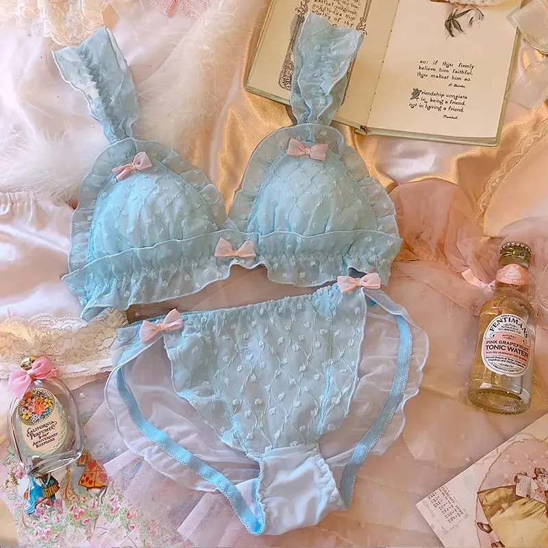Lingerie Meisje Fee Strik Chiffon Dunne Stijl Schattig Geen Stalen Ring Driehoek Cup Bh Set Vrouwen Grote Maat Bralette Panty 2 stuks — image 2