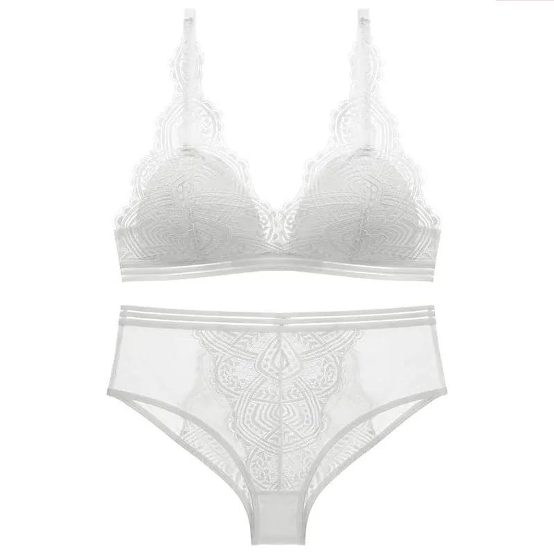 Conjunto de sutiã e calcinha triangular de renda sem fio, forro fino, roupa íntima feminina sexy, lingerie francesa, sutiã bralette