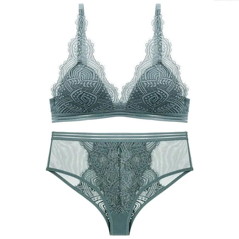 Conjunto de sutiã e calcinha triangular de renda sem fio, forro fino, roupa íntima feminina sexy, lingerie francesa, sutiã bralette