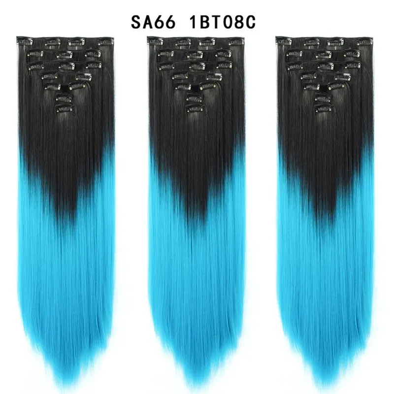 22Inch Synthetic Long Straight Clip In Hair Extensions 16 Clips For Women Fake False Hair Pieces Ombre Black Blonde Styling Hair