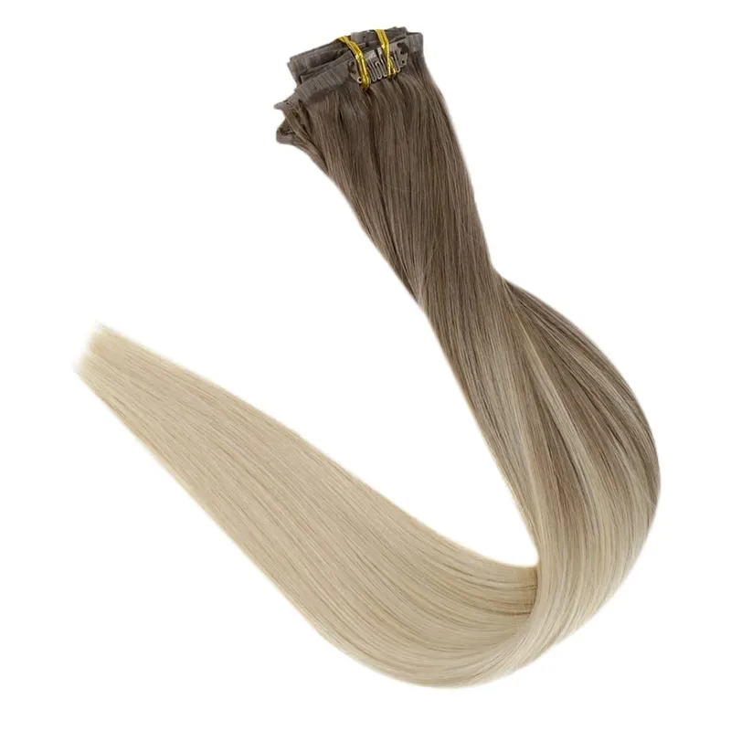 Full Shine Seamless Invisible Clip In Extensions Human Hair 8 τμχ 120g Remy Balayage Ξανθό Χρώμα