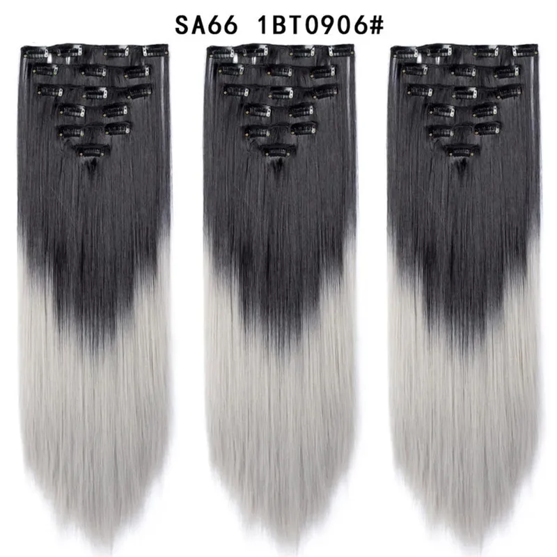 22Inch Synthetic Long Straight Clip In Hair Extensions 16 Clips For Women Fake False Hair Pieces Ombre Black Blonde Styling Hair
