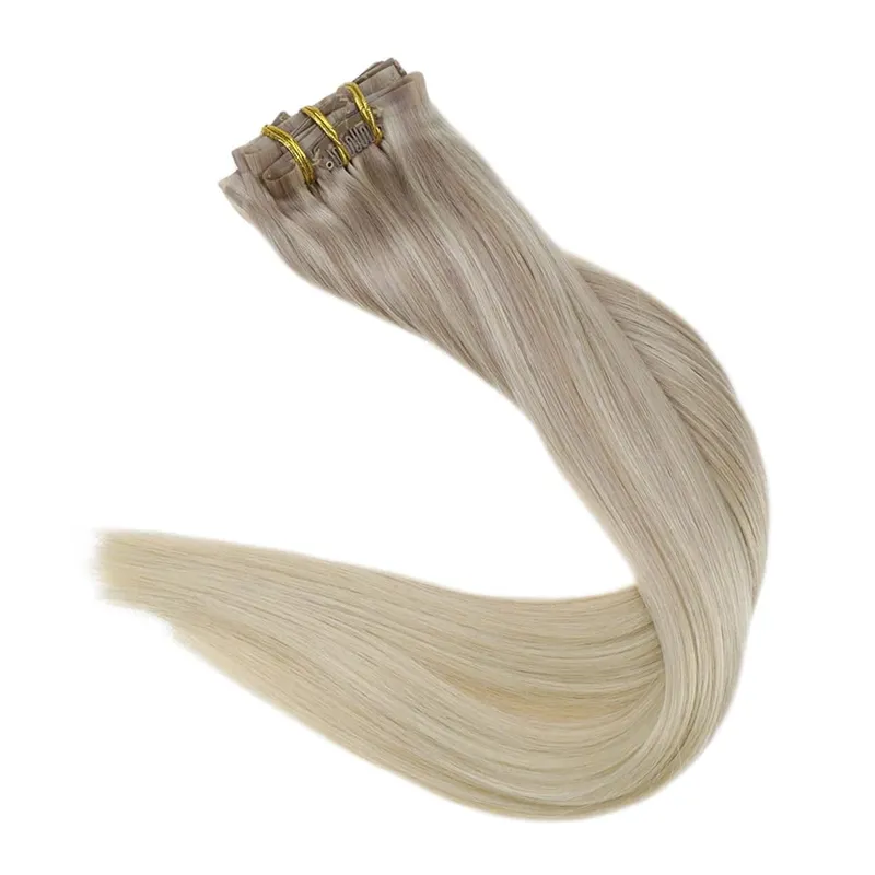 Full Shine Seamless Invisible Clip In Extensions Human Hair 8 τμχ 120g Remy Balayage Ξανθό Χρώμα