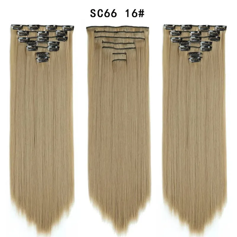 22Inch Synthetic Long Straight Clip In Hair Extensions 16 Clips For Women Fake False Hair Pieces Ombre Black Blonde Styling Hair