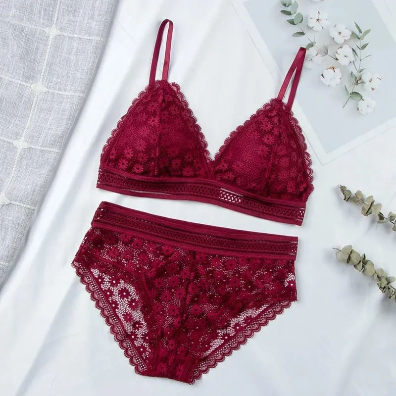 Women Floral Lace Bras Suit Solid Underwear Padded Breathable Vest With Briefs Sexy Hollow Out Bralette Thin Lingerie One Size