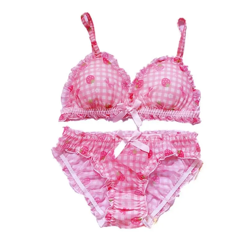 Leuke Japanse bh's slips ondergoed set Lolita meisje roze geruite bloem mesh sexy aardbei print bh & slipje lingerie set — image 5