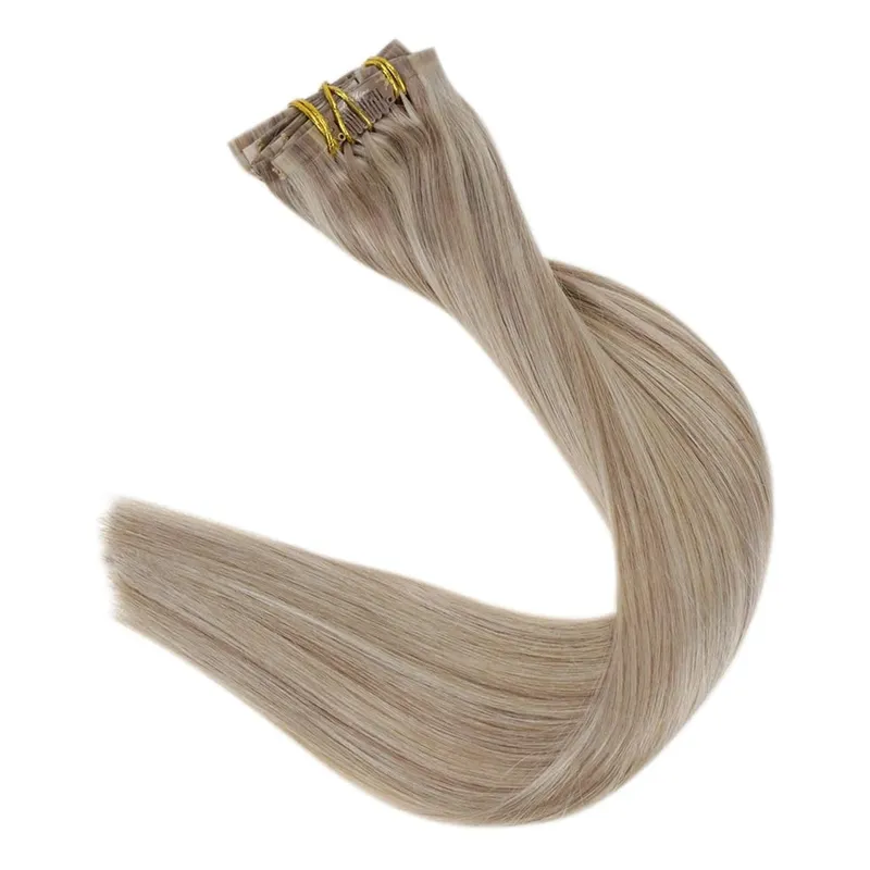 Full Shine Seamless Invisible Clip In Extensions Human Hair 8 τμχ 120g Remy Balayage Ξανθό Χρώμα