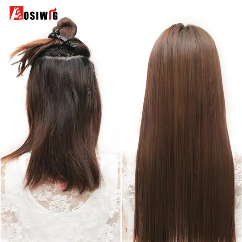 Extensiones de cabello sintético para mujer, postizos falsos naturales, largos y rectos, Color negro y marrón, alta temperatura, 5 clips
