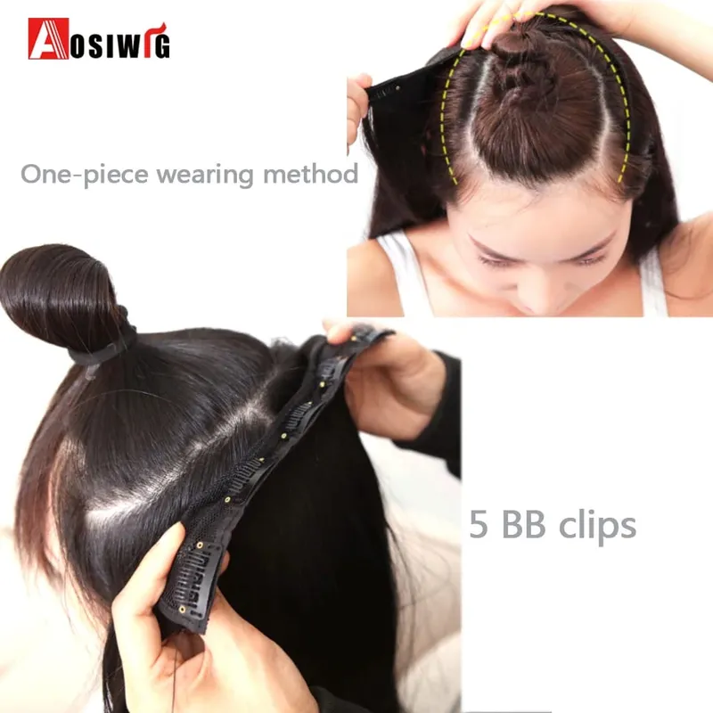 Extensiones de cabello sintético para mujer, postizos falsos naturales, largos y rectos, Color negro y marrón, alta temperatura, 5 clips