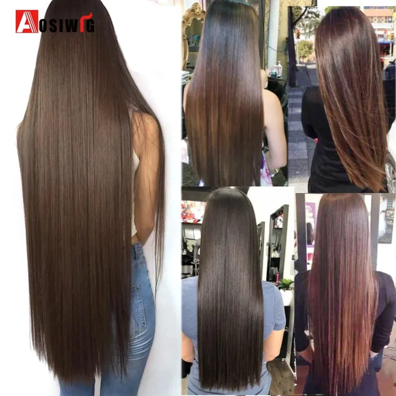 Extensiones de cabello sintético para mujer, postizos falsos naturales, largos y rectos, Color negro y marrón, alta temperatura, 5 clips