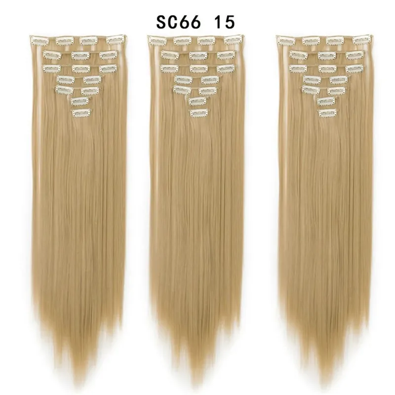 22Inch Synthetic Long Straight Clip In Hair Extensions 16 Clips For Women Fake False Hair Pieces Ombre Black Blonde Styling Hair