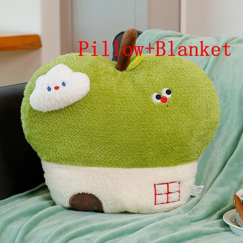 Cute Apple House Plush Pillow Optional With Blanket 2‑in‑1 Throw Cushion Kawaii Fruit Stuffed Pillow Sofa Bedroom Decor Gift
