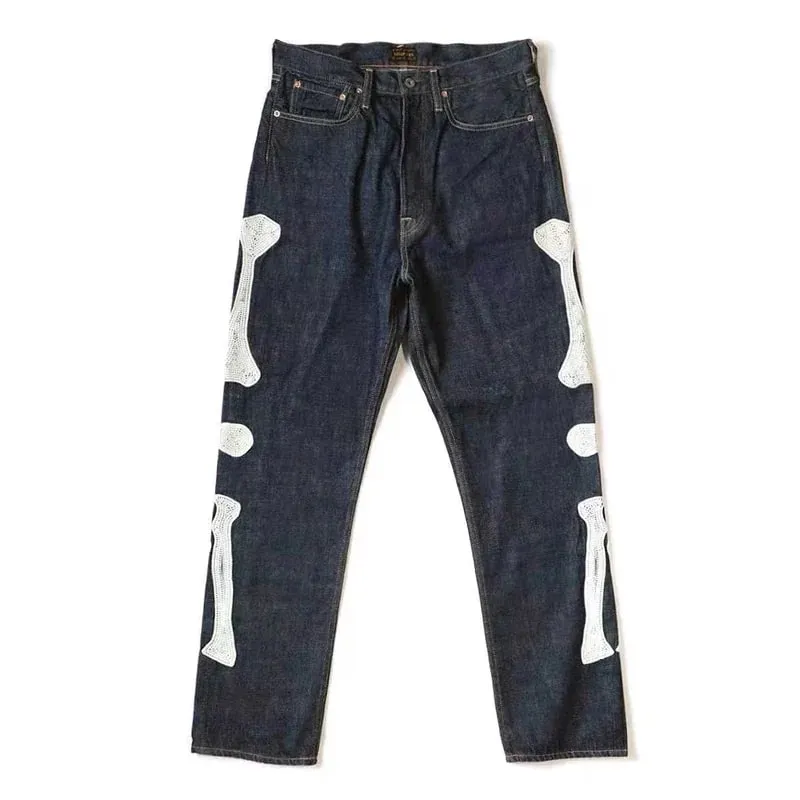 Japan Style New Arrival KAPITAL Hirata Kazuhiro Bone Skeleton Embroidered Pattern Casual Jeans for Men