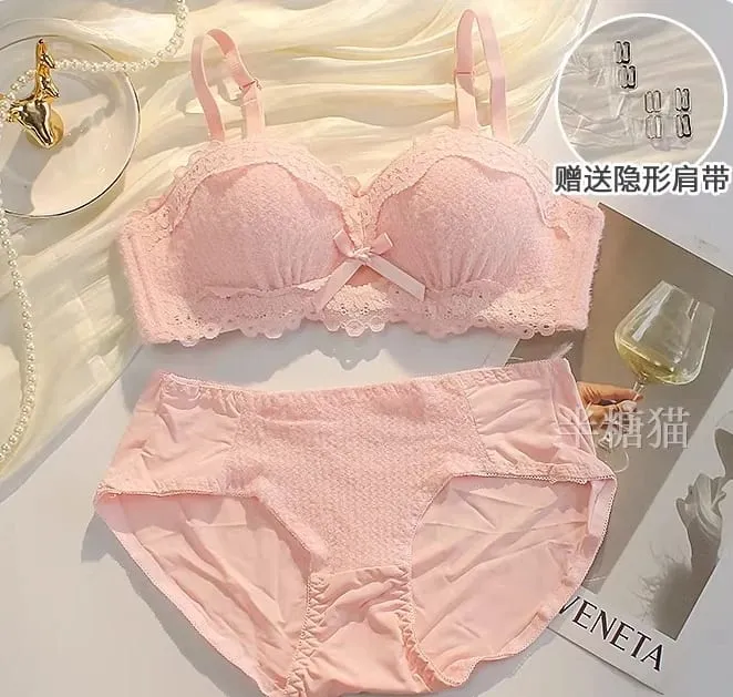 New Lace Lingerie Set Non Wired Padded Bra Half Cup Small Bust Boost Sexy Anti-Sag Underwear Women All Season S-XLAB Cup