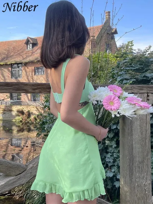 Nibber-Vestidos Elegantes Para Mujer, vestido Sexy ajustado con recortes de Color liso, vestido con volantes y espalda descubierta para Mujer 2023